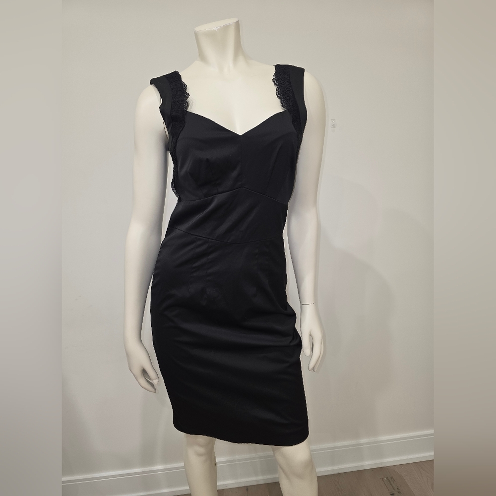 H&M Little Black Dress Satin Bodycon Lace Knee Length US 4
